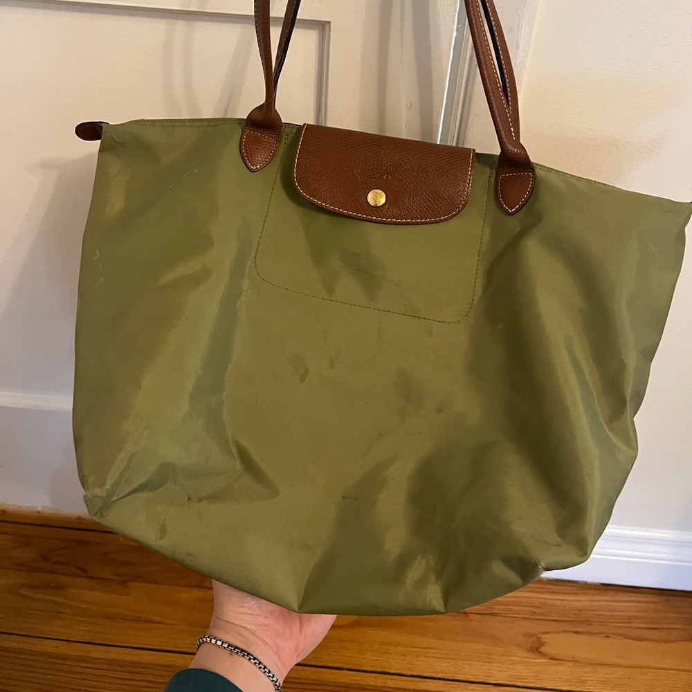 Longchamp Le Pliage Club Shoulder Bag M – Khaki Green & Brown Leather